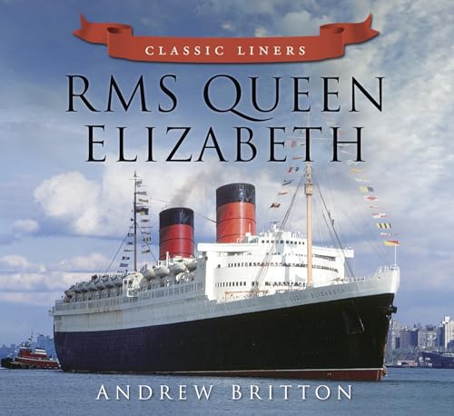 RMS Queen Elizabeth ocean liner at sea with city skyline.