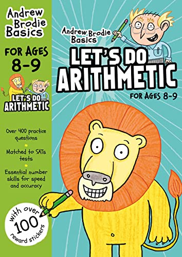 Book cover: "Let's Do Arithmetic 8-9" with a cartoon lion drawing.