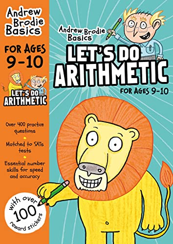 Book cover: "Let's Do Arithmetic 9-10" with cartoon lion and children.