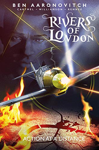 A fighter plane flies over flames with a man's face in the background.