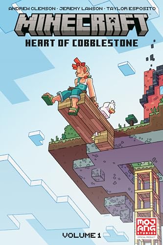 Minecraft graphic novel cover with a boy, a chicken, and blocky landscapes.