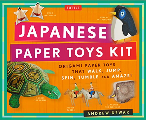 Book cover featuring colorful origami animal toys: turtle, penguin, elephant, and horses.