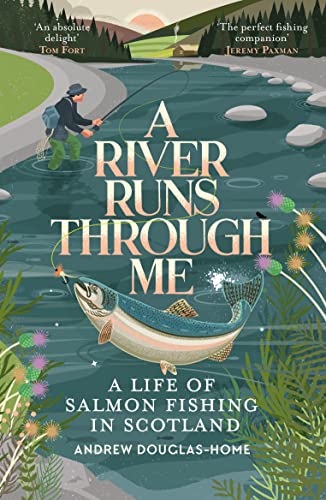 Book cover illustration of a man fly fishing for salmon in a Scottish river.