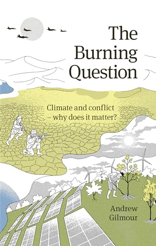 Book cover depicting conflict, climate change, and renewable energy sources.