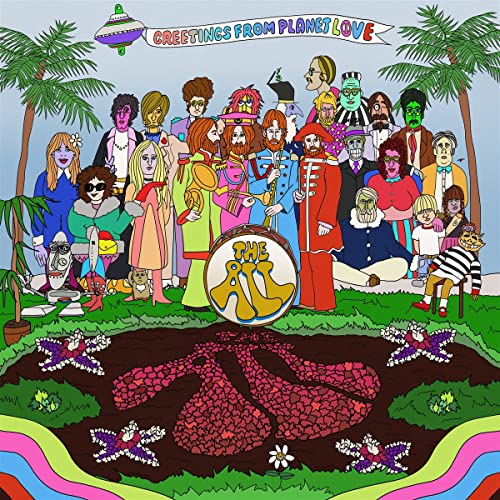 Colorful cartoon illustration of a large group of people standing behind a bass drum.