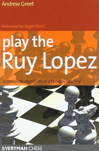Book cover featuring chess pieces on a checkered board, titled "Play the Ruy Lopez".