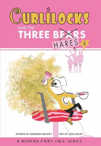 Book cover: girl with curly hair, three hares, and a red chair.