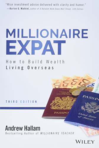 Book cover for Millionaire Expat with passports and currency on a white background.