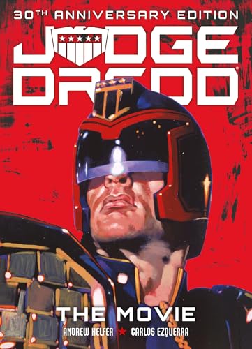 Judge Dredd in helmet, red background, movie cover art.