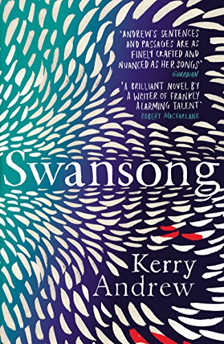 Book cover for "Swansong" by Kerry Andrew, with abstract blue and white bird shapes.