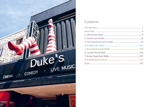 Book cover showing a building facade with striped legs sculpture and contents list.