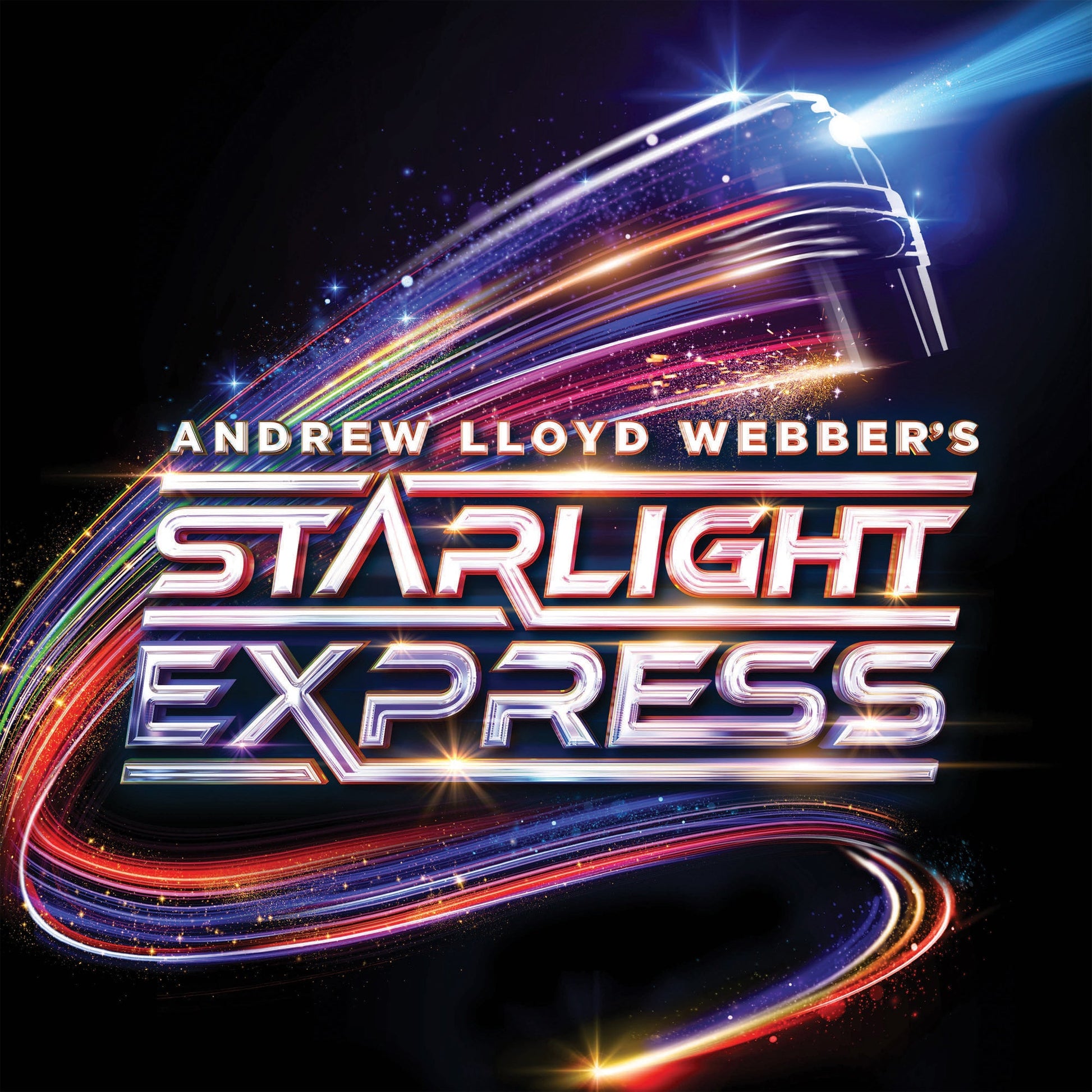 Starlight Express logo with a glowing train silhouette and colorful light trails on black.