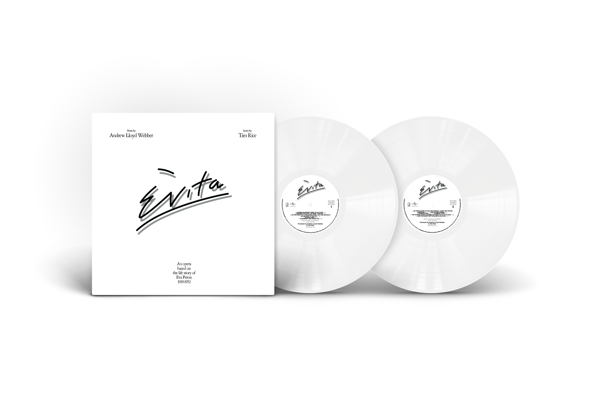 White vinyl LP of Andrew Lloyd Webber’s “Evita” with album cover.