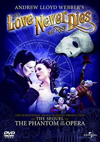 Love Never Dies" DVD cover featuring Phantom, Christine, and circus performers.