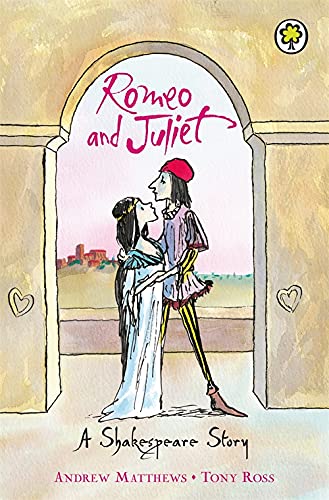Book cover showing a cartoon illustration of Romeo and Juliet standing in an archway.