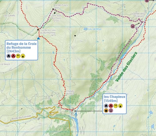 Detailed topographic map section of the Tour du Mont Blanc trekking route.