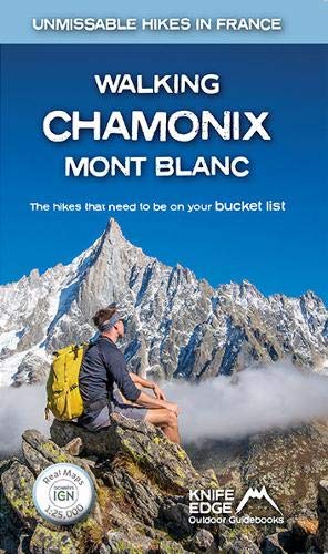 Hiking guidebook cover featuring Mont Blanc and a hiker resting on rocks.