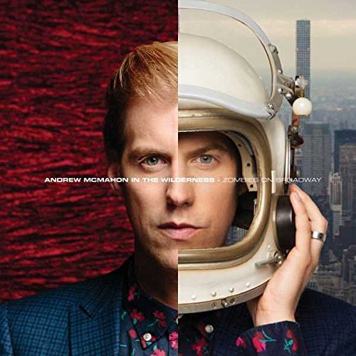 CD cover featuring Andrew McMahon split between red and cityscapes, holding a helmet.