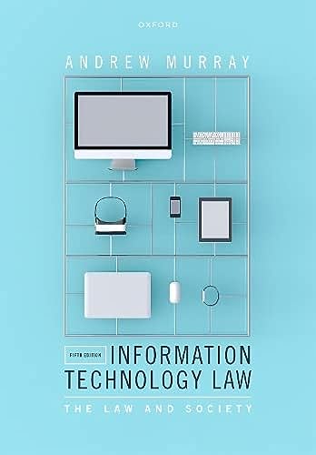 Book cover: “Information Technology Law” with tech icons on blue background.