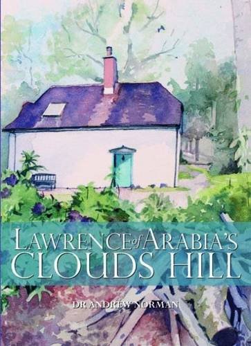 Watercolor painting of a white cottage with a blue door and purple roof.