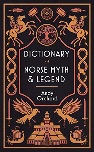 Book cover: "Dictionary of Norse Myth & Legend" with Norse imagery.