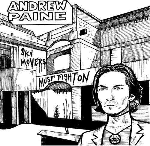 Black and white line art of Andrew Paine before a building with graffiti text.