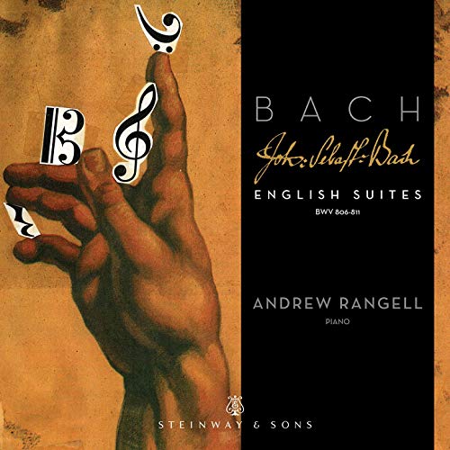 "CD cover with hand holding music notes, featuring Andrew Rangell's Bach English Suites recording."