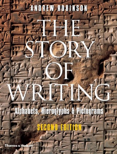 Book cover: “The Story of Writing” with cuneiform tablet background.