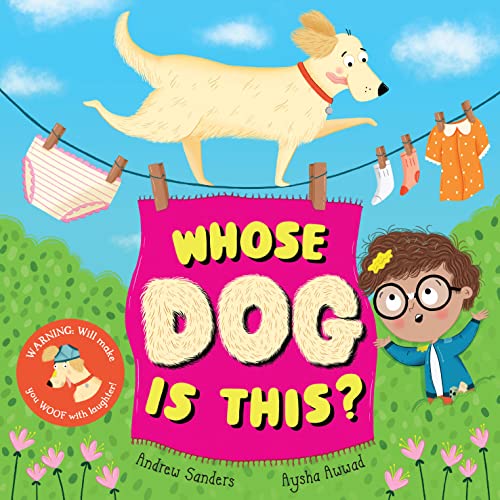 Children’s book cover with a golden dog, laundry, and a surprised girl.