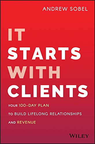 Red book cover with white text: "It Starts With Clients" by Andrew Sobel.