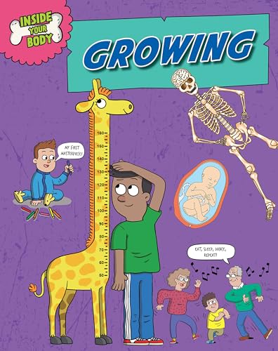 Book cover showing a boy measuring height against a giraffe, a skeleton, and family.