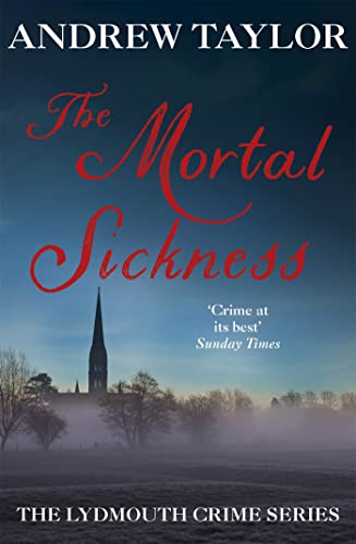 Book cover: “The Mortal Sickness” with a foggy landscape and church spire.