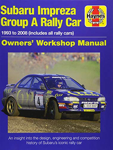 Haynes workshop manual cover featuring a blue Subaru Impreza rally car on a track.