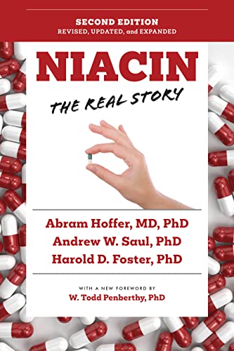 Book cover: "Niacin: The Real Story" with pills and a hand holding a capsule.
