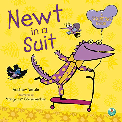 Purple cartoon newt in a suit, with birds and yellow flowers.