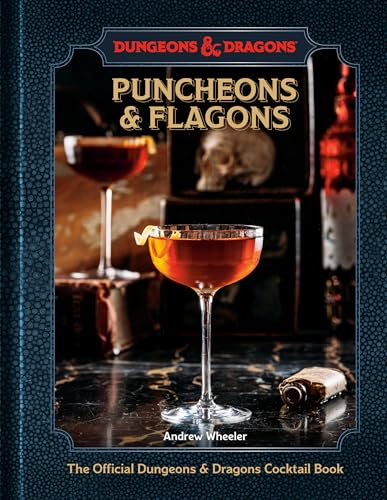 Dungeons & Dragons cocktail book cover with drinks, skull, and dark aesthetic.
