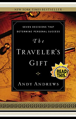 Book cover of The Traveler's Gift by Andy Andrews over a vintage map background.