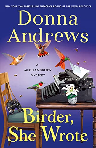 Book cover featuring a typewriter, binoculars on a chair, and hummingbirds against purple background.