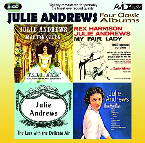 "CD cover featuring collage of four Julie Andrews' album covers on yellow background."