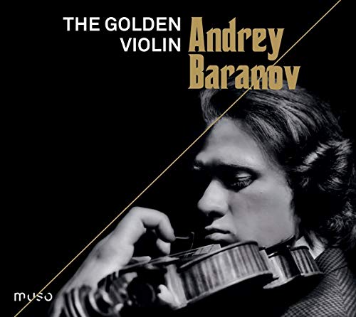 Black and white portrait of violinist Andrey Baranov with his instrument.