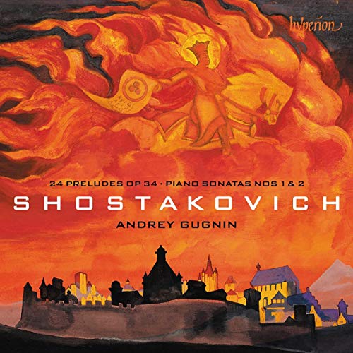 CD cover for Shostakovich piano works by Andrey Gugnin, fiery artwork.