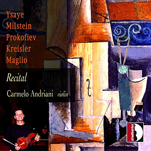 CD cover for violinist Andriani’s “Recital” with abstract art background.