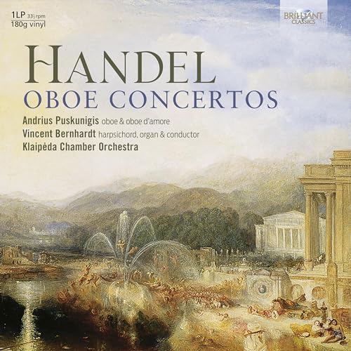 Vinyl album cover featuring Handel Oboe Concertos text over a classical landscape painting.