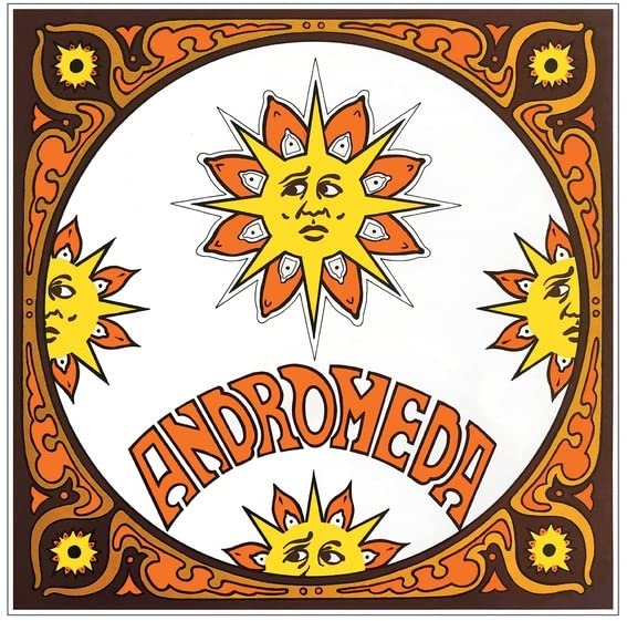 Album cover for "Andromeda" featuring a sun face and orange floral design.