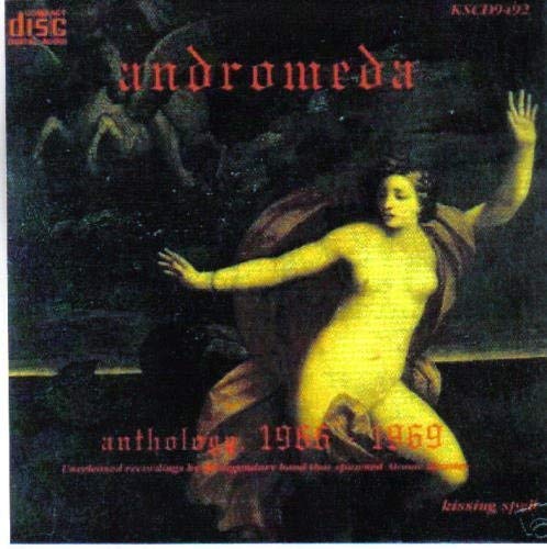 "Album cover with a central sun and 'Andromeda' text, surrounded by ornate border."