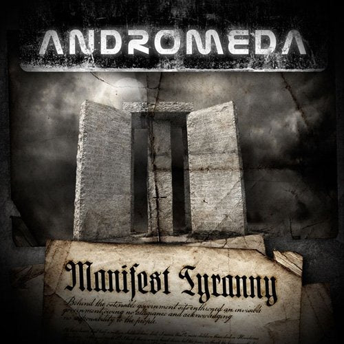 CD cover for Andromeda’s “Manifest Tyranny” featuring stone tablets and distressed texture.