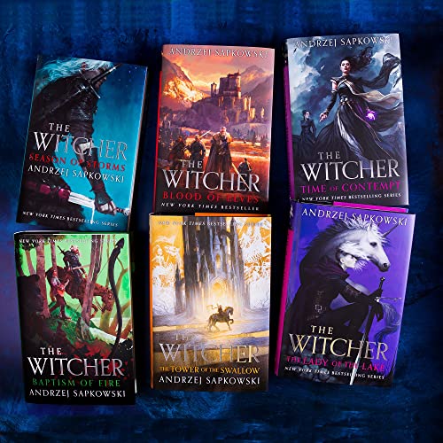 Stack of five fantasy novels, “The Witcher” series by Andrzej Sapkowski.