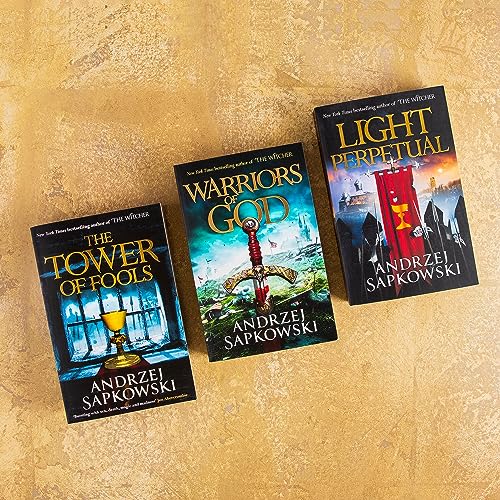 Three Andrzej Sapkowski books titled The Tower of Fools, Warriors of God, and Light Perpetual.