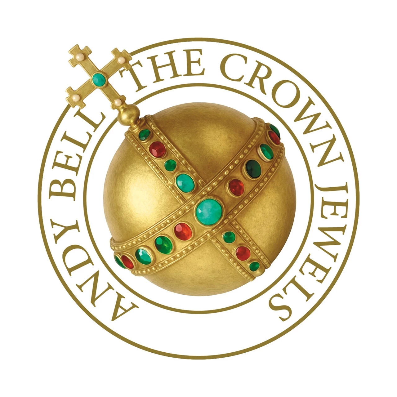 A golden orb with green and red jewels inside a circular Andy Bell logo.
