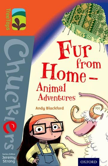 Book cover: "Fur from Home" featuring a girl, sheep, and glasses.